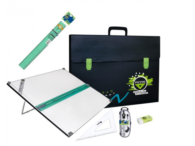 Kit Tecnico Pizzini Tablero 50x60 + Porta Tablero + Regla + Escuadra + Compas + Goma Sin Atril