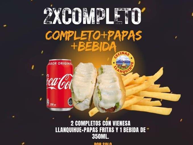 2 completos llanquihue+papas+bebida