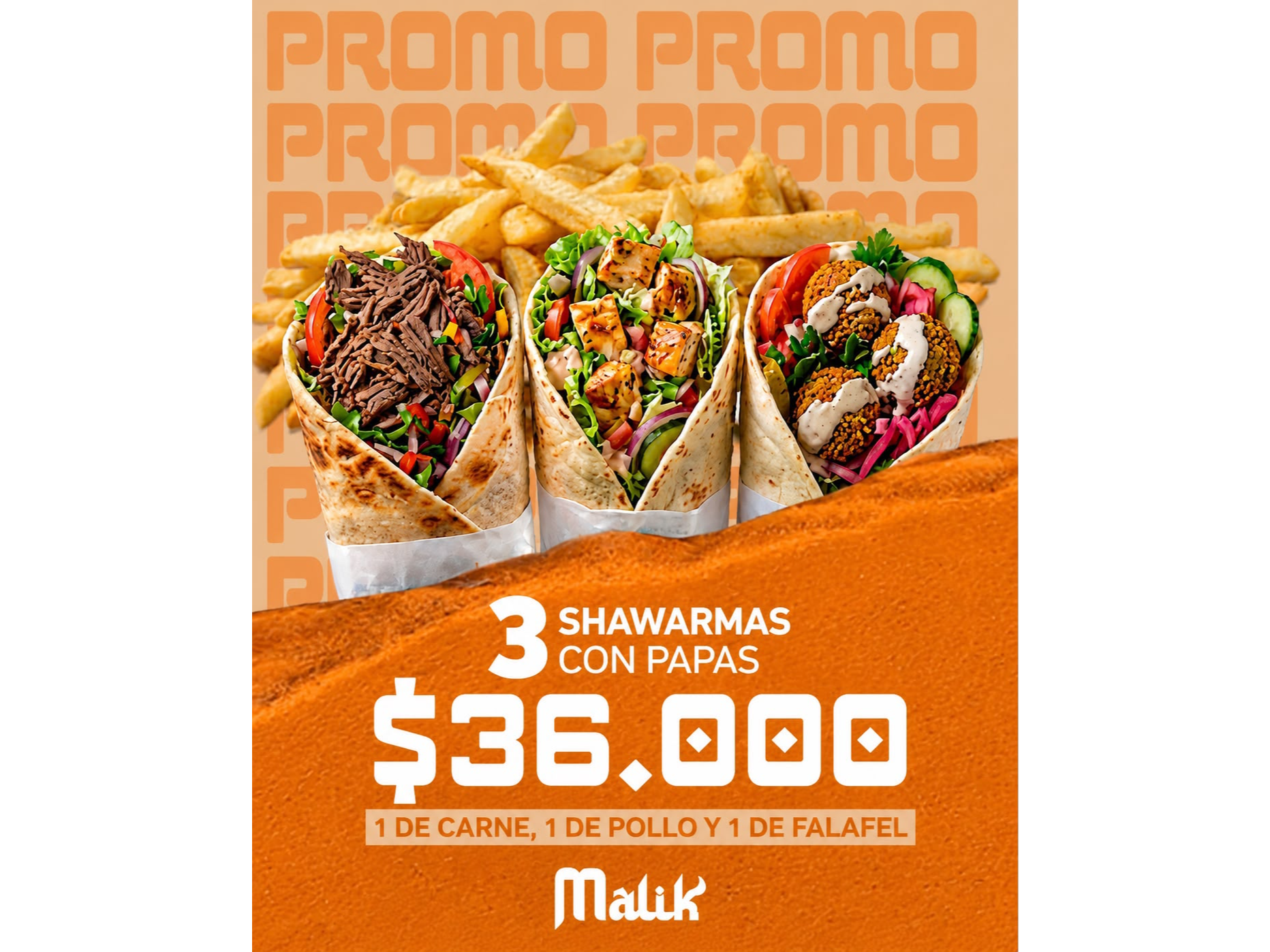 PROMO 3 SHAWARMAS (1 de carne, 1 de pollo, 1 falafel)