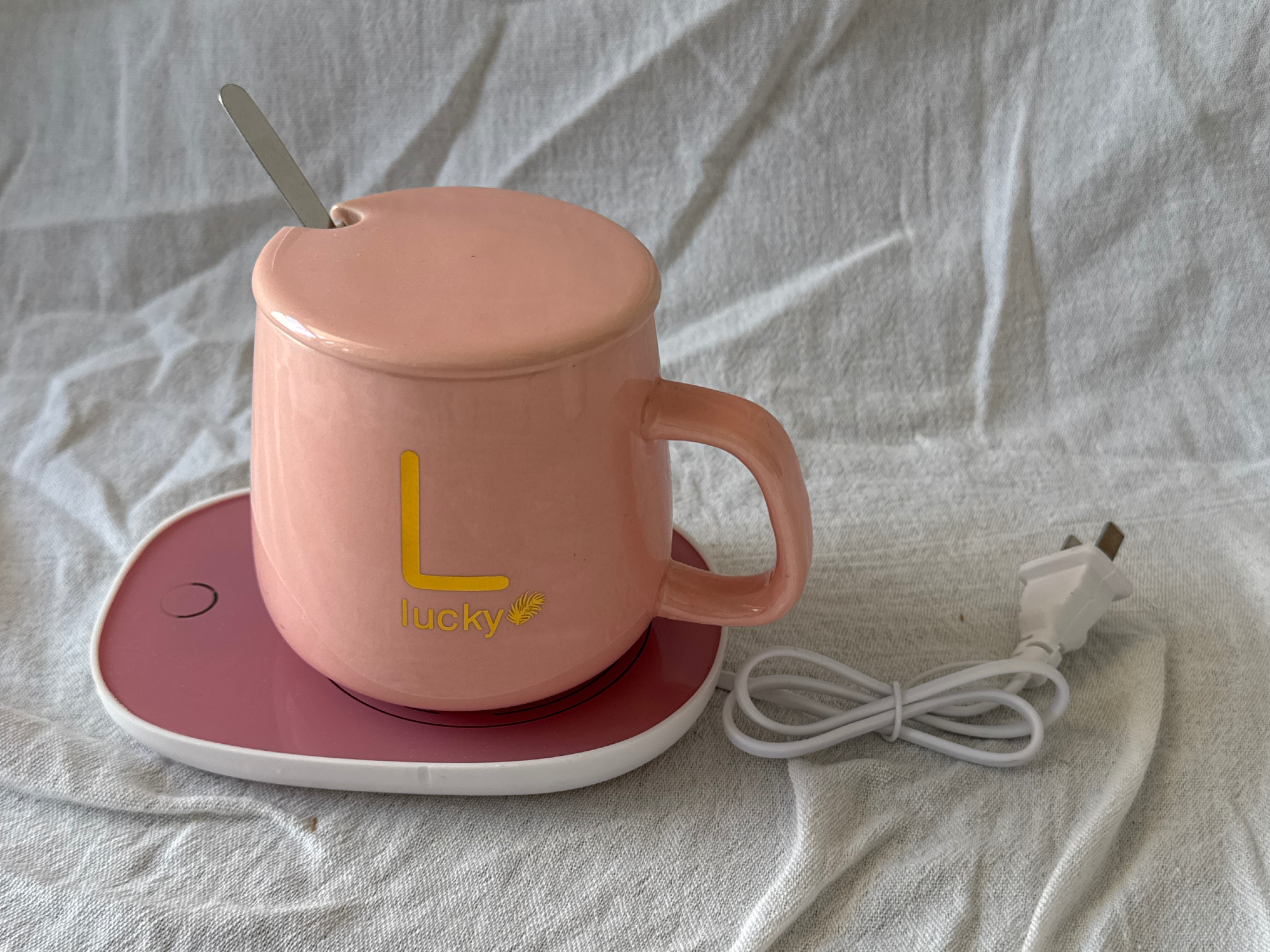 TAZA CON CALENTADOR ROSA