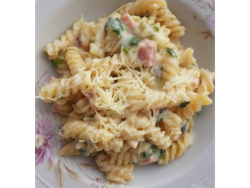 Domingo 16 . Fideos Dimalu ( salsa a base de crema,verdeo,pollo, champignon y jamón)