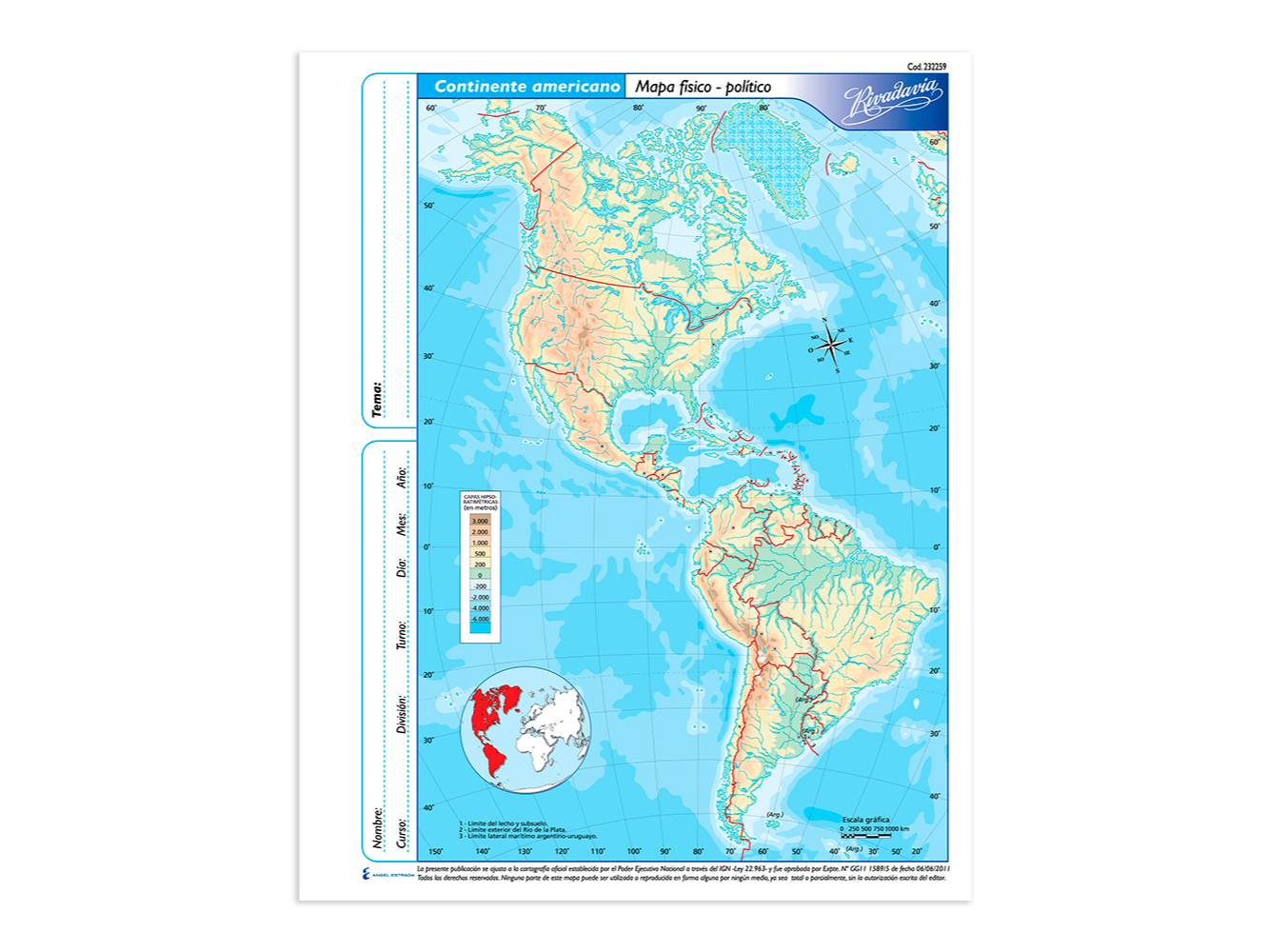 MAPA RIVADAVIA Nº3 - FISICO/POLITICO CONT AMERICANO - BLOCK X40