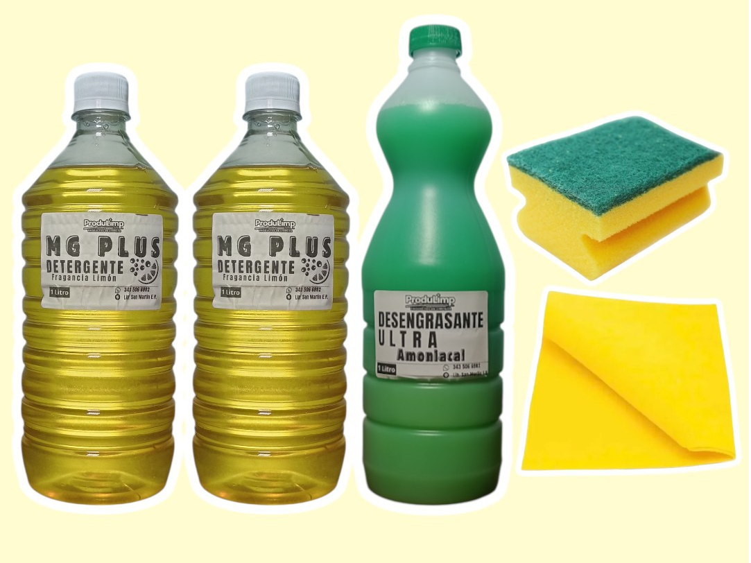 2x Detergente MG -1L // 1x Desengrasante - 1L // 1x Esponja multiuso // 1x Paño amarillo