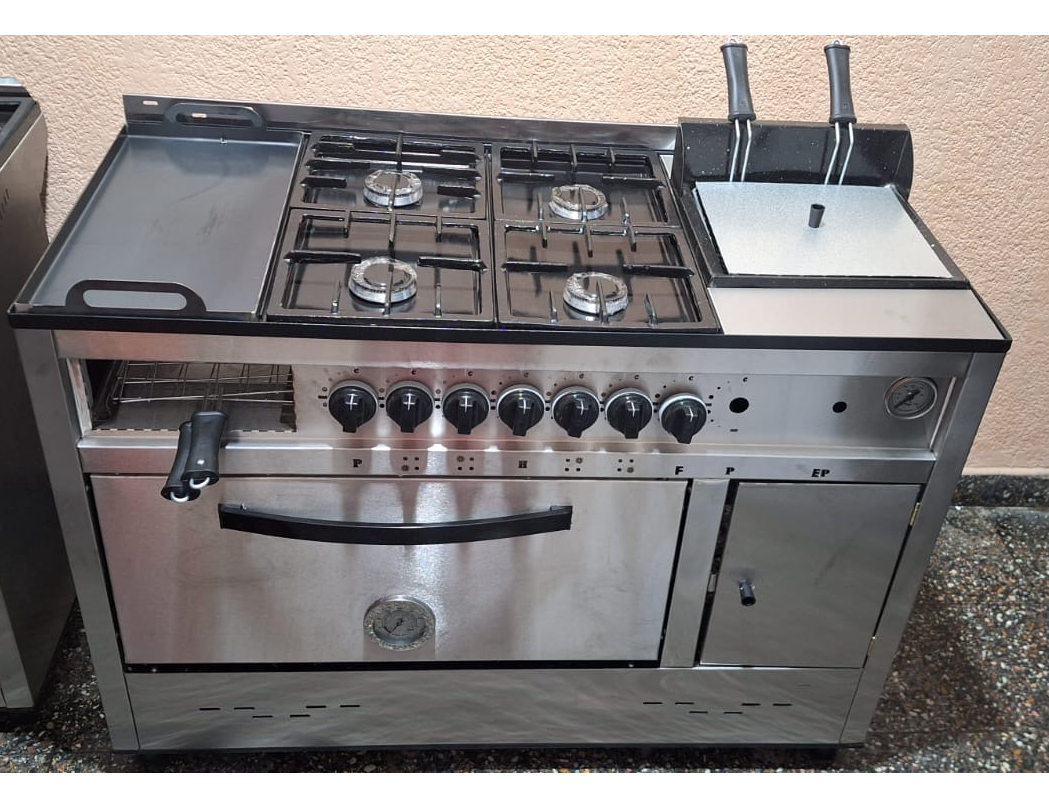 4 hornallas, plancha y freidora 10 lts acero inoxidable