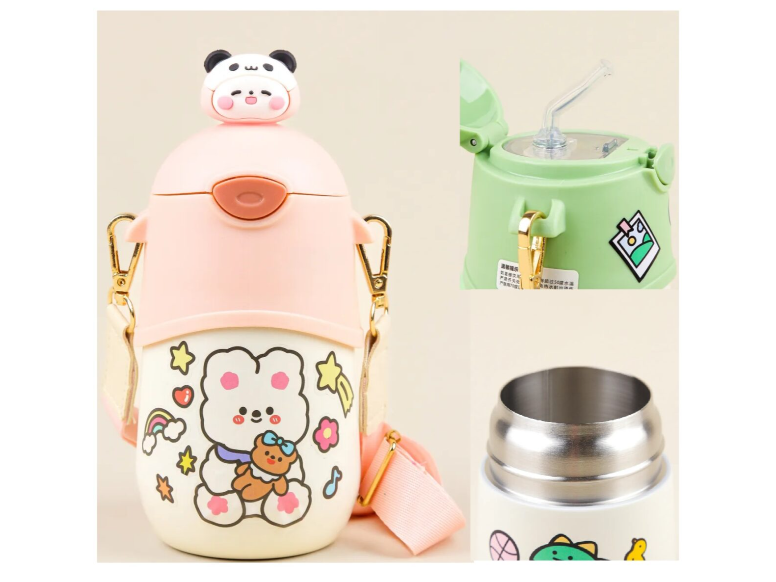 BOTELLA INFANTIL 500ML TERMICA DOBLE CAPA ACERO INOX – SORBETE INCLUIDO – CORREA-STICKERS