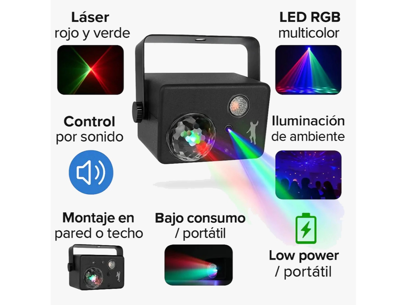 PROYECTOR LASER + BOLA MAGICA + UV – CONTROL REMOTO