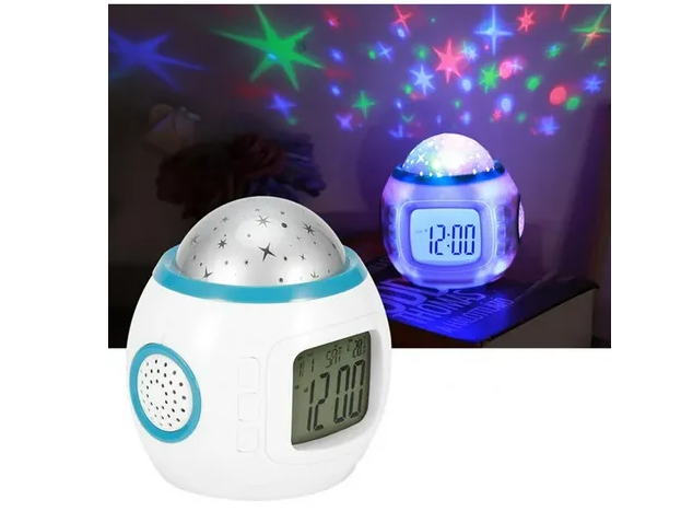 RELOJ DESPERTADOR DIGITAL CON LUZ PROYECTOR ESTRELLAS CHICO A PILAS- TEMPERATURA – ALARMA – MUSICA