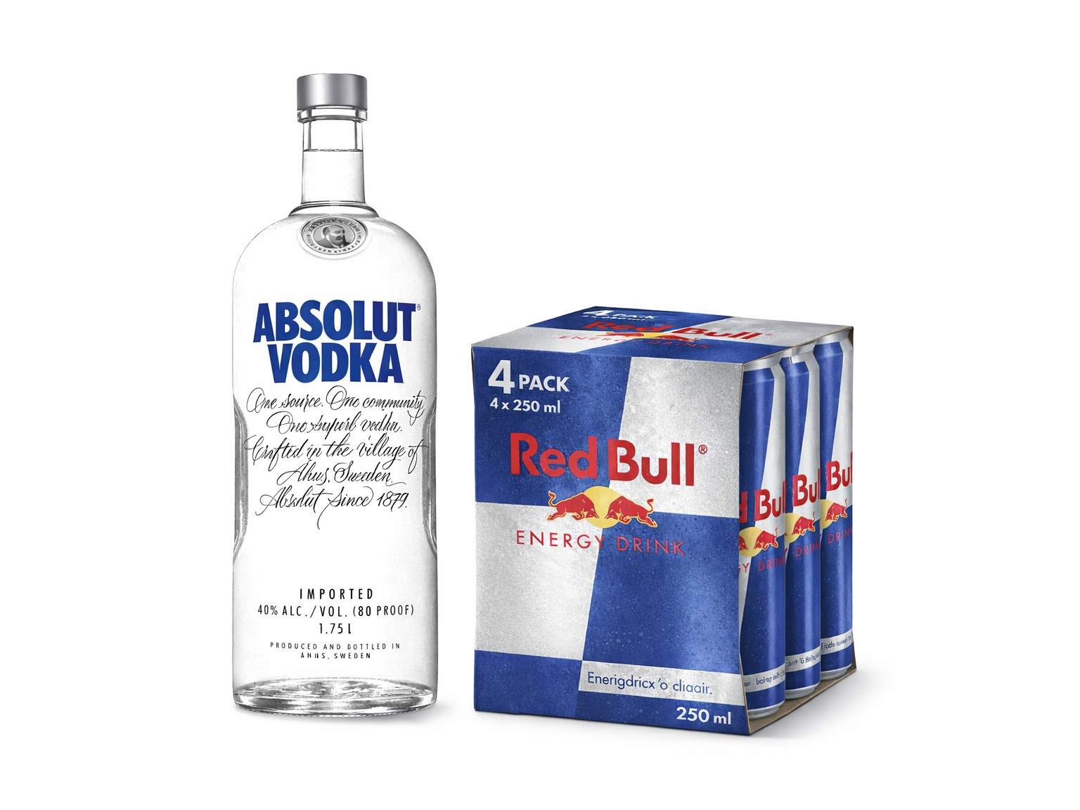 Absolut regular + 4 Red bull 250ml