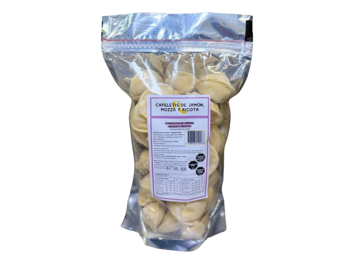Capeletis jamón, muzza y ricota