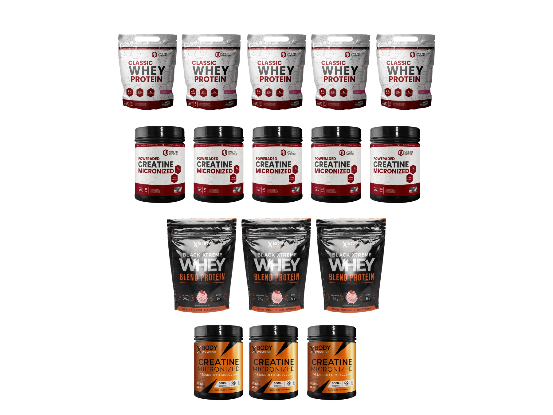 Combo 3: 5 Proteínas 2 Lb + 5 Creatinas 200 G One fit + 3 Proteínas 2 Lb + 3 Creatinas 300 G X-Body (Envío gratis a todo el País)