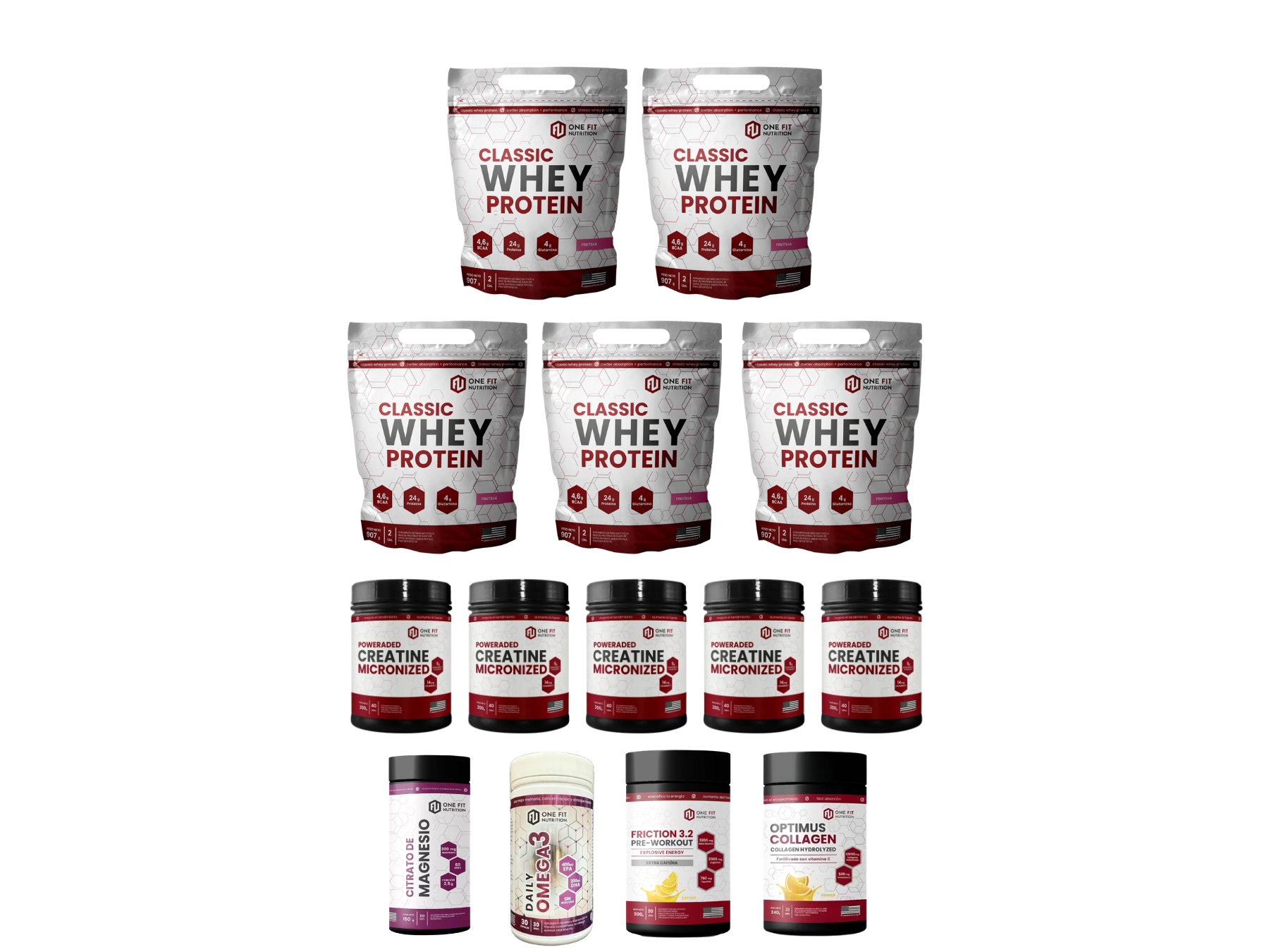 Combo 2: 5 Proteínas 2 Lb + 5 Creatinas 200 G + 1 Pre entreno 300 G, 1 Magnesio 150 G, 1 Colágeno 210 G, 1 Omega 3 30 Caps One Fit (Envío gratis a todo el país)