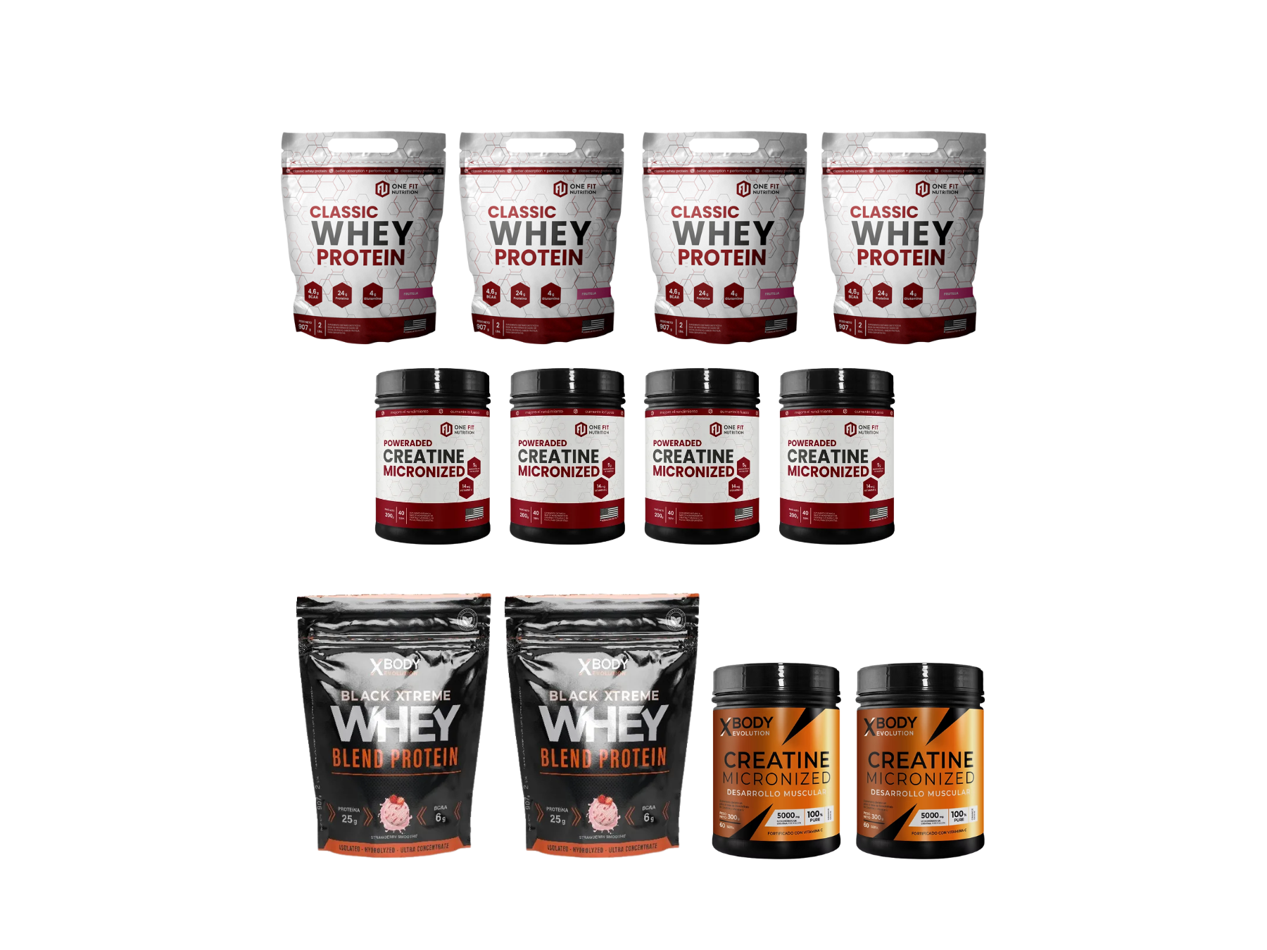 Combo 3: 4 Proteínas 2 Lb + 4 Creatinas 200 G One fit + 2 Proteínas 2 Lb + 2 Creatinas 300 G X-Body (Envío gratis a todo el País)