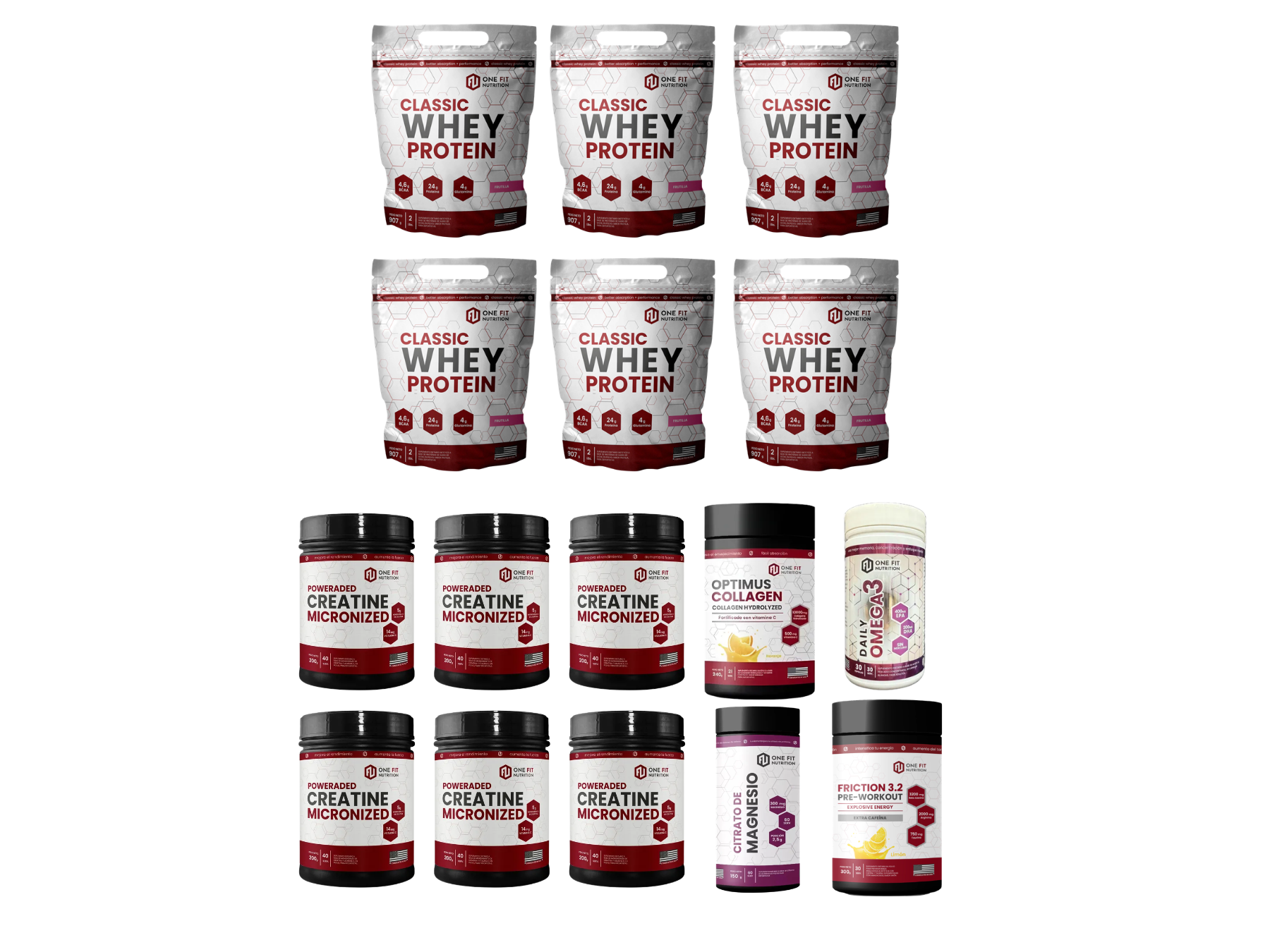 Combo 2: 6 Proteínas 2 Lb + 6 Creatinas 200 G + 1 Pre entreno 300 G, 1 Magnesio 150 G, 1 Colágeno 210 G, 1 Omega 3 30 Caps One Fit (Envío gratis a todo el país)