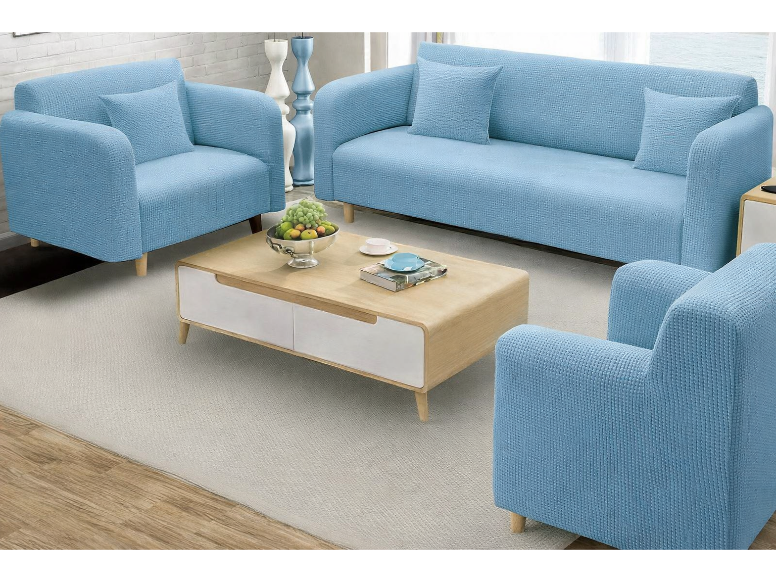 Set de 6 piezas: 3 cubresillas + 3 fundas para cojines celeste