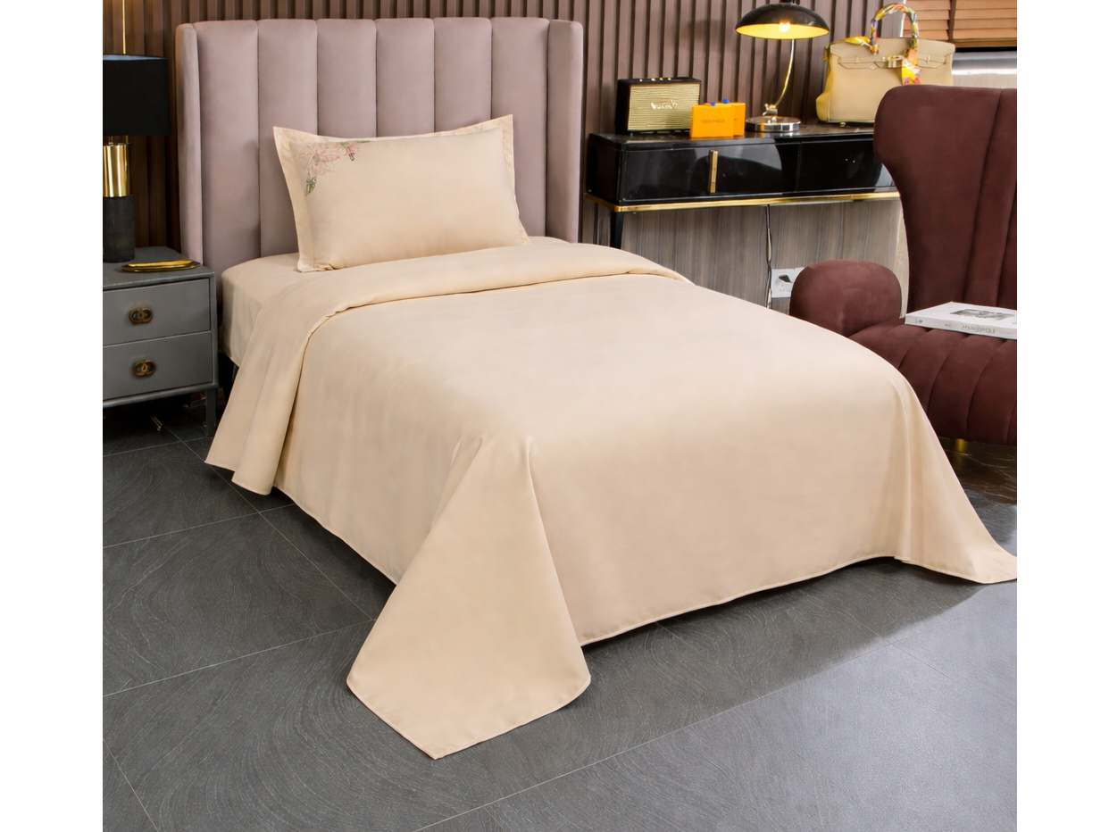 Sábana hotelera Twin beige con bordado de flores