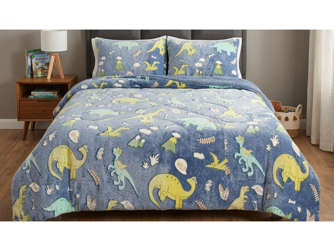 Cobertor de 3 piezas luminosos con corderito Full diseño de Dinosaurios