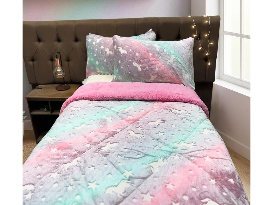 Cobertor de 3 piezas luminosos con corderito Full diseño de Unicornios