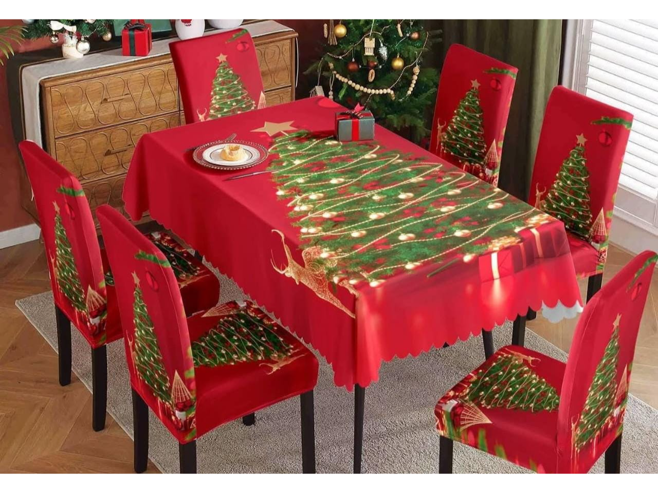 Juego de 9 piezas: 8 cubresillas + 1 mantel árbol de navidad