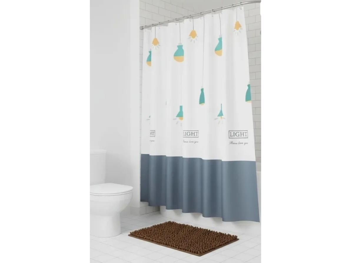 Cortina de baño + alfombra shaggy color chocolate