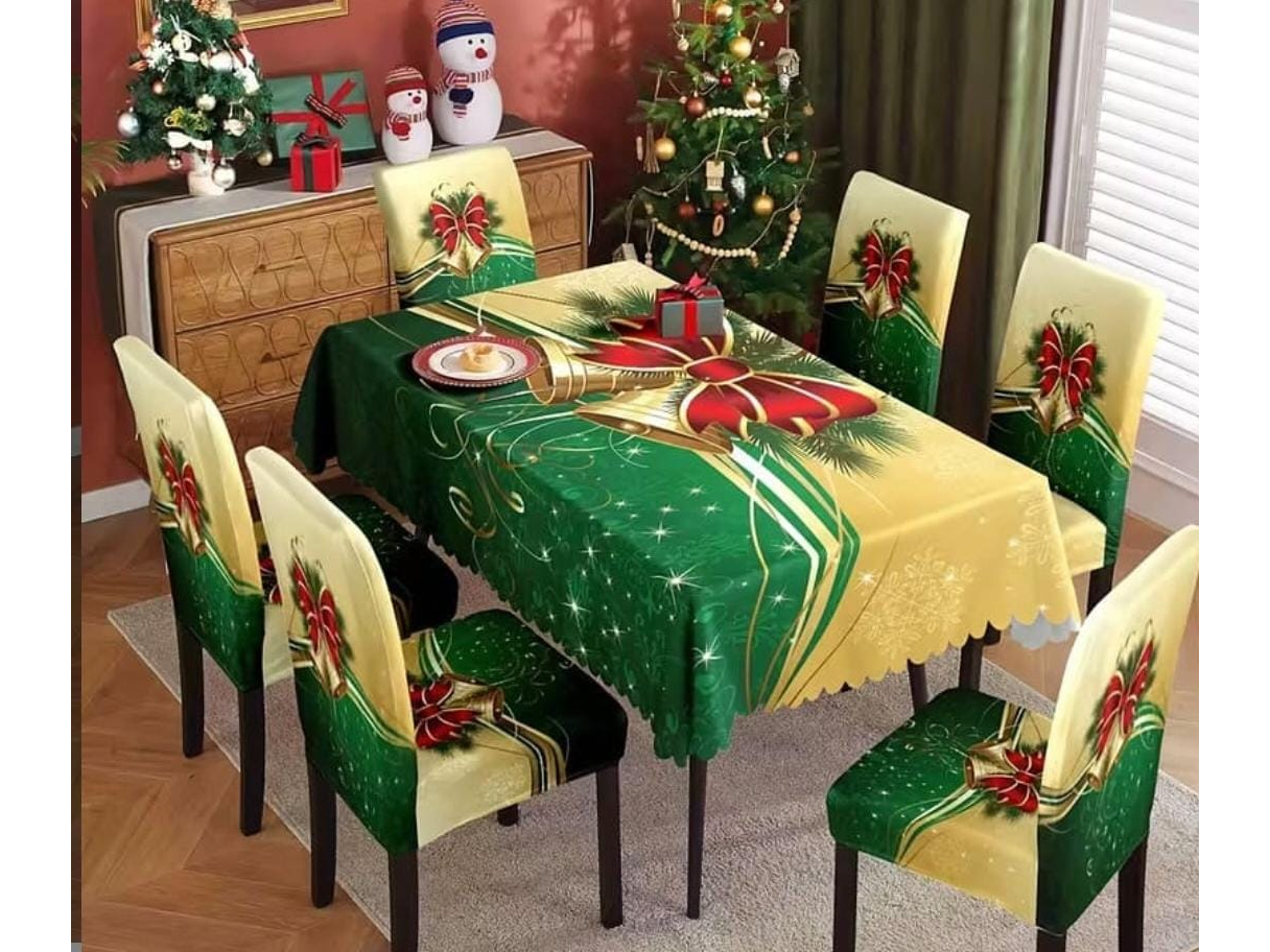 Juego de 9 piezas: 8 cubresillas + 1 mantel campanas fondo verde