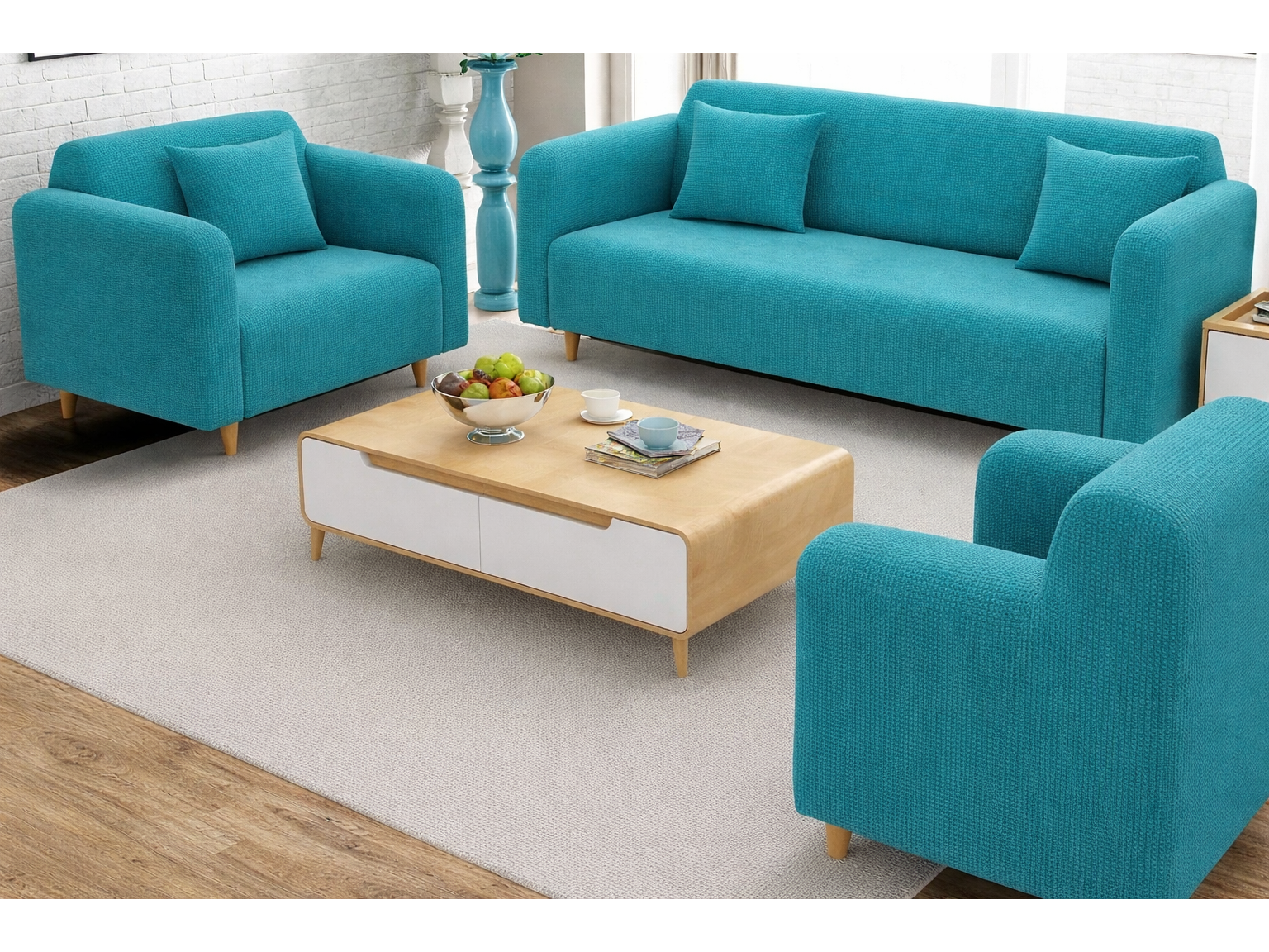 Set de 6 piezas: 3 cubresillas + 3 fundas para cojines turquesa