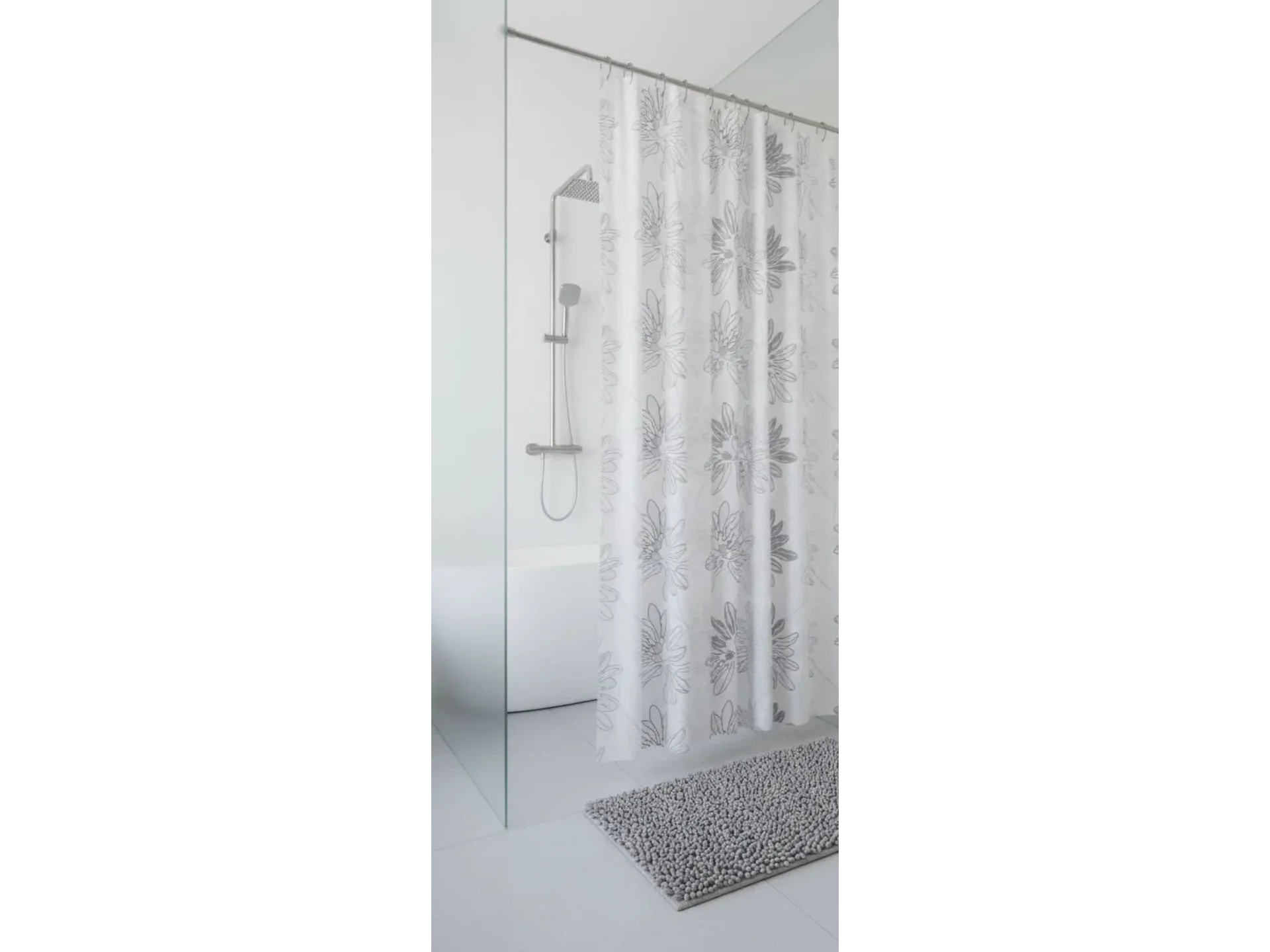 Cortina de baño + alfombra shaggy color gris