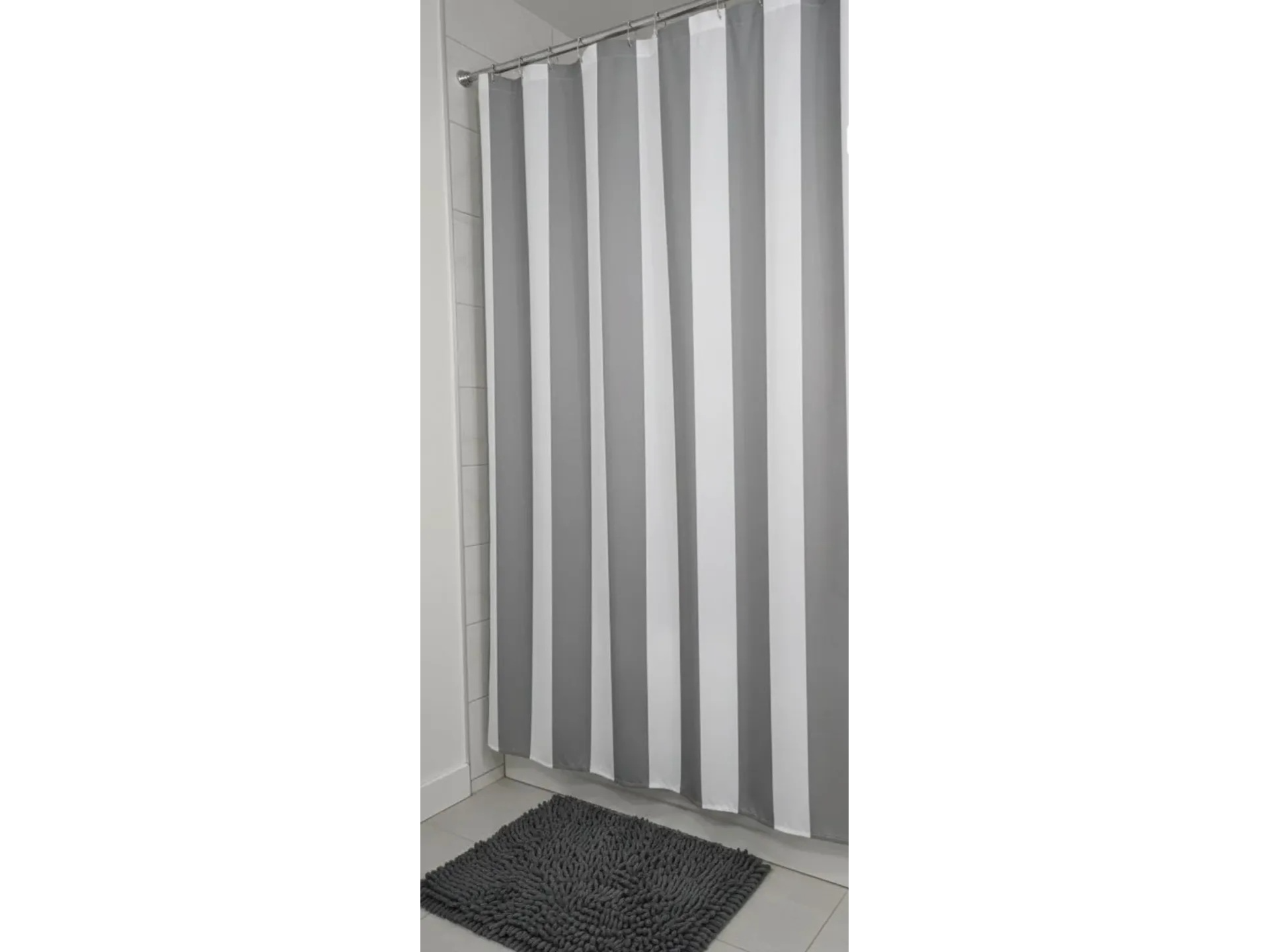 Cortina de baño + alfombra shaggy color gris oscuro