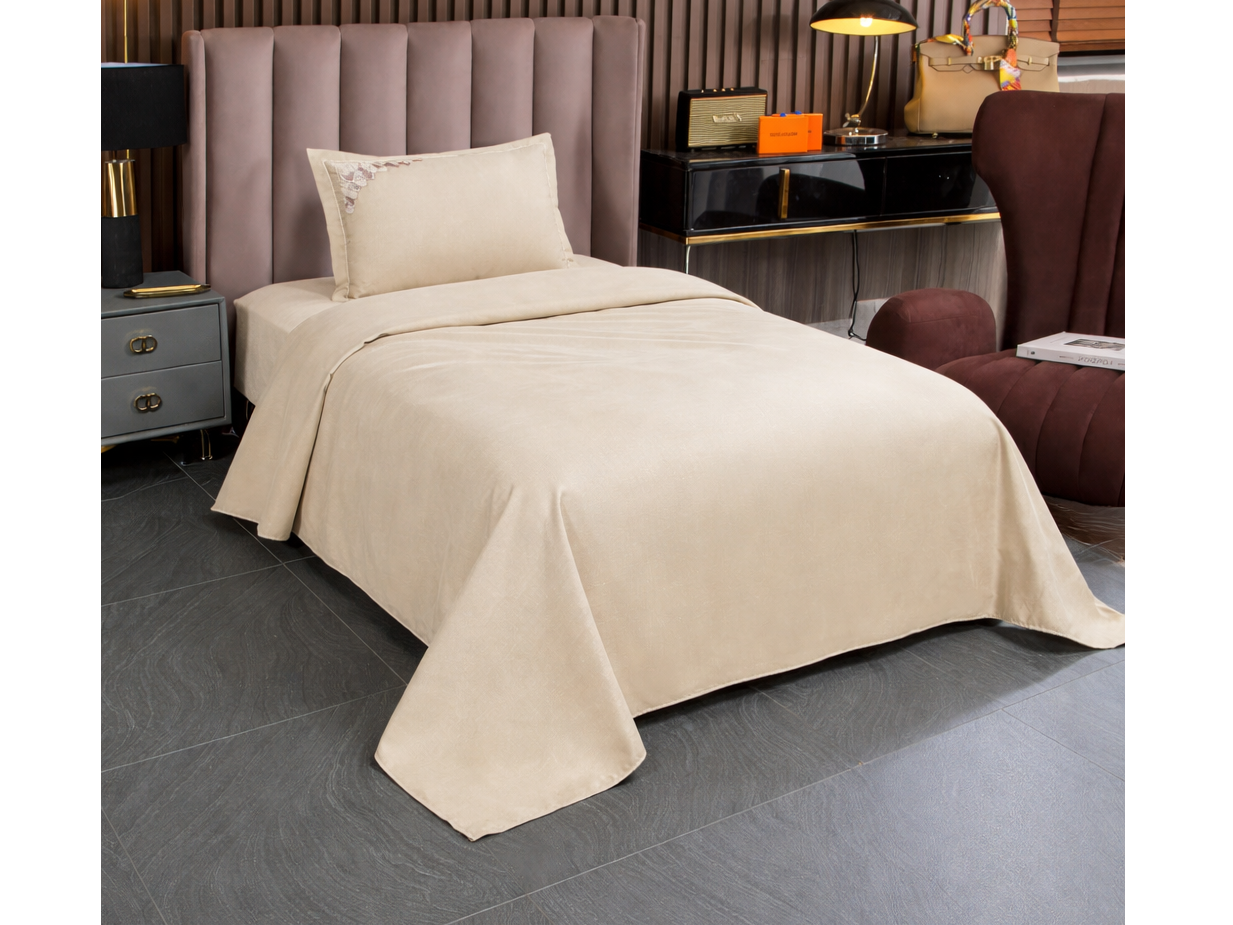 Sábana hotelera Twin beige con bordado de hojas / plumas