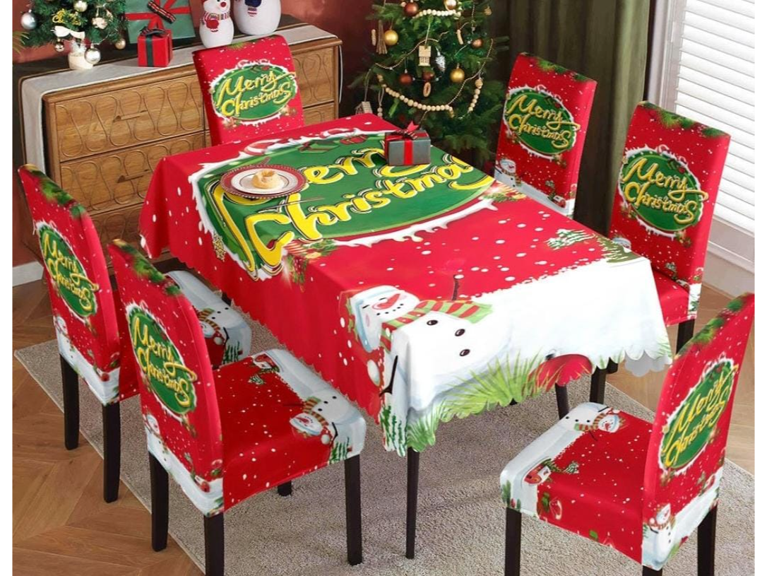 Juego de 9 piezas: 8 cubresillas + 1 mantel muñeco de nieve