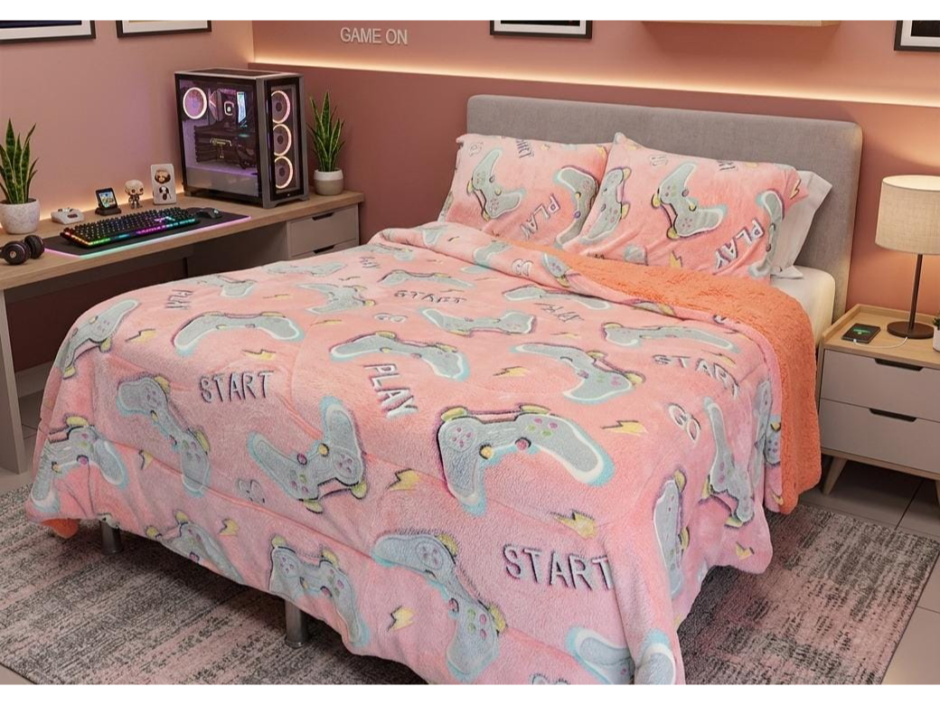 Cobertor de 3 piezas luminosos con corderito Full diseño de videojuegos