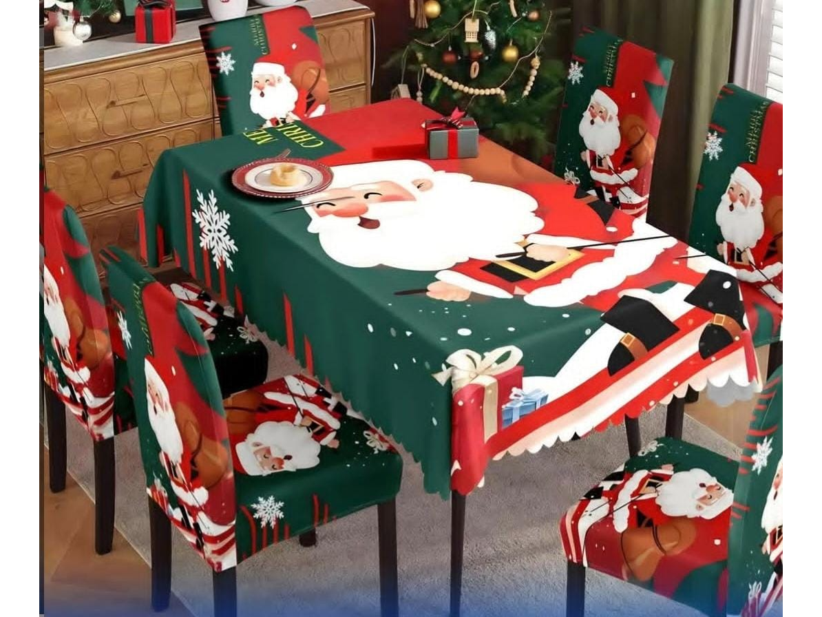 Juego de 9 piezas: 8 cubresillas + 1 mantel Papá Noel fondo rojo y verde