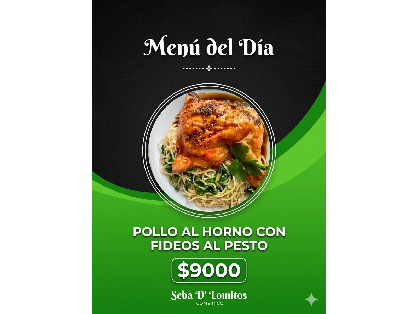 Pollo al horno con fideos al pesto