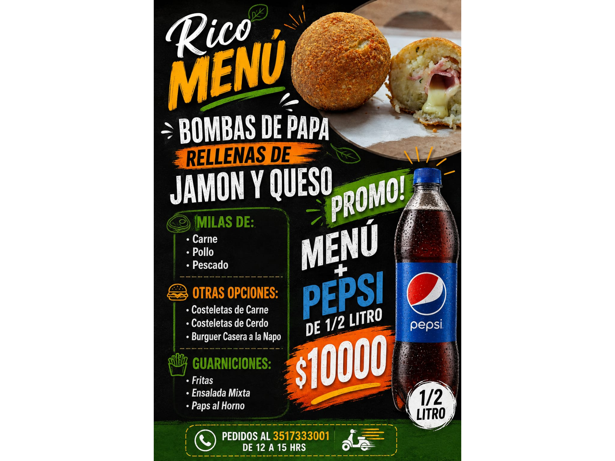 Bomba de papa rellena de jamón y queso