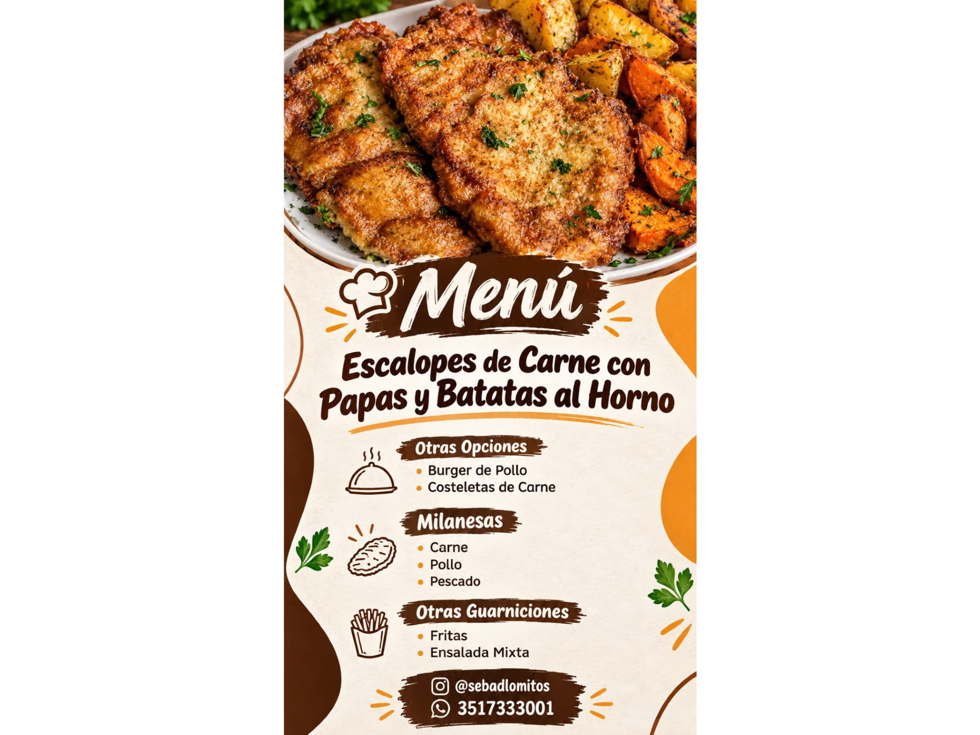 Escalope con papas y batatas al horno