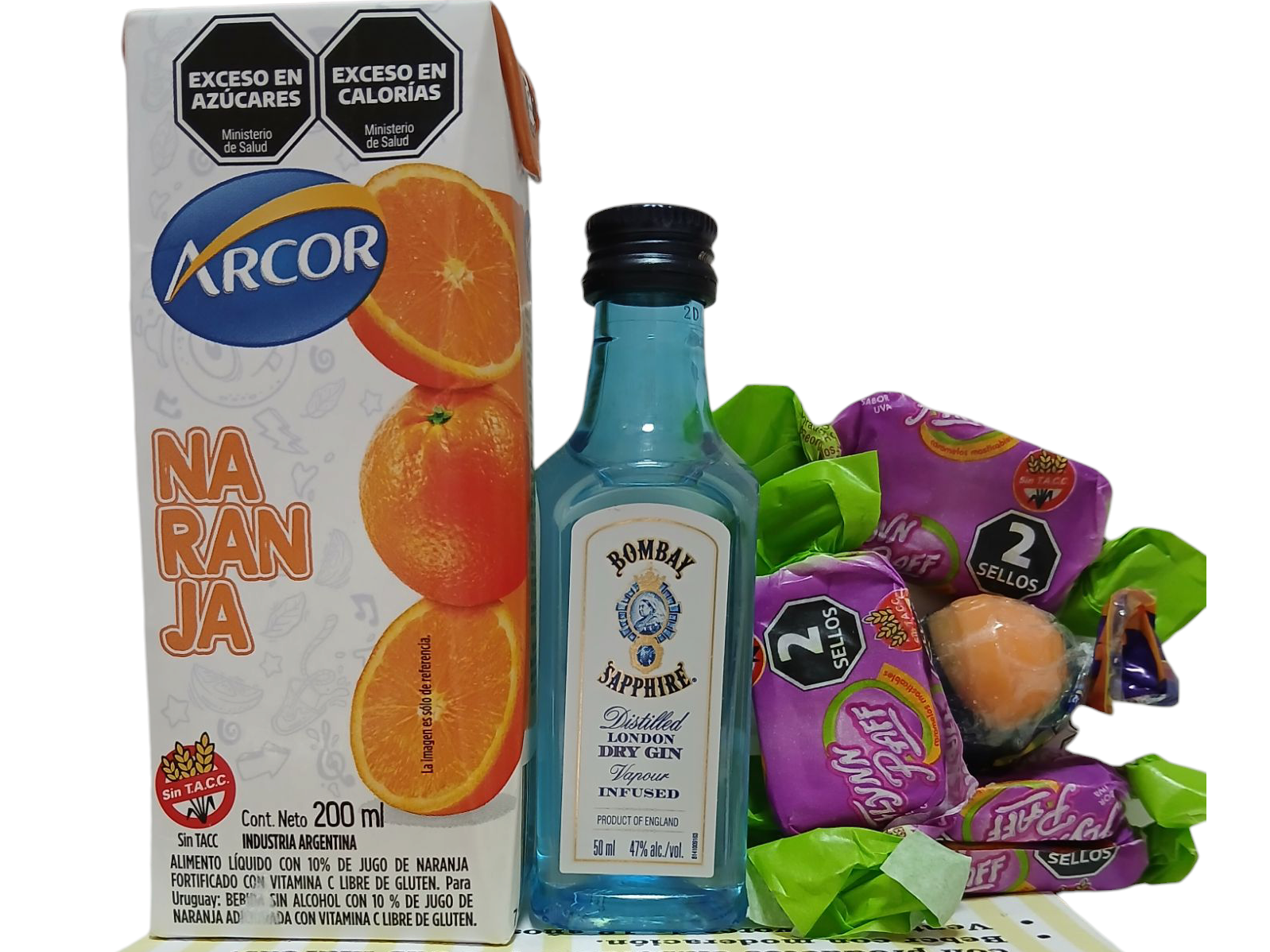 Gin Bombay + Jugo  Naranja + Golosinas Saborizantes