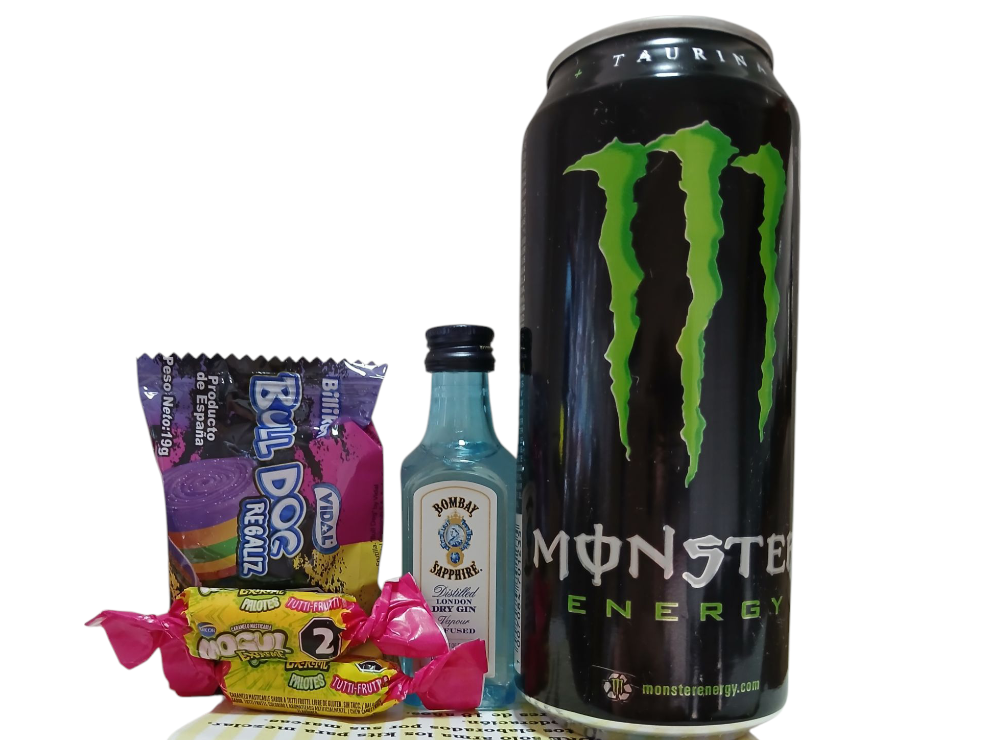 Gin Bombay + Monster Energy + Golosinas Saborizantes