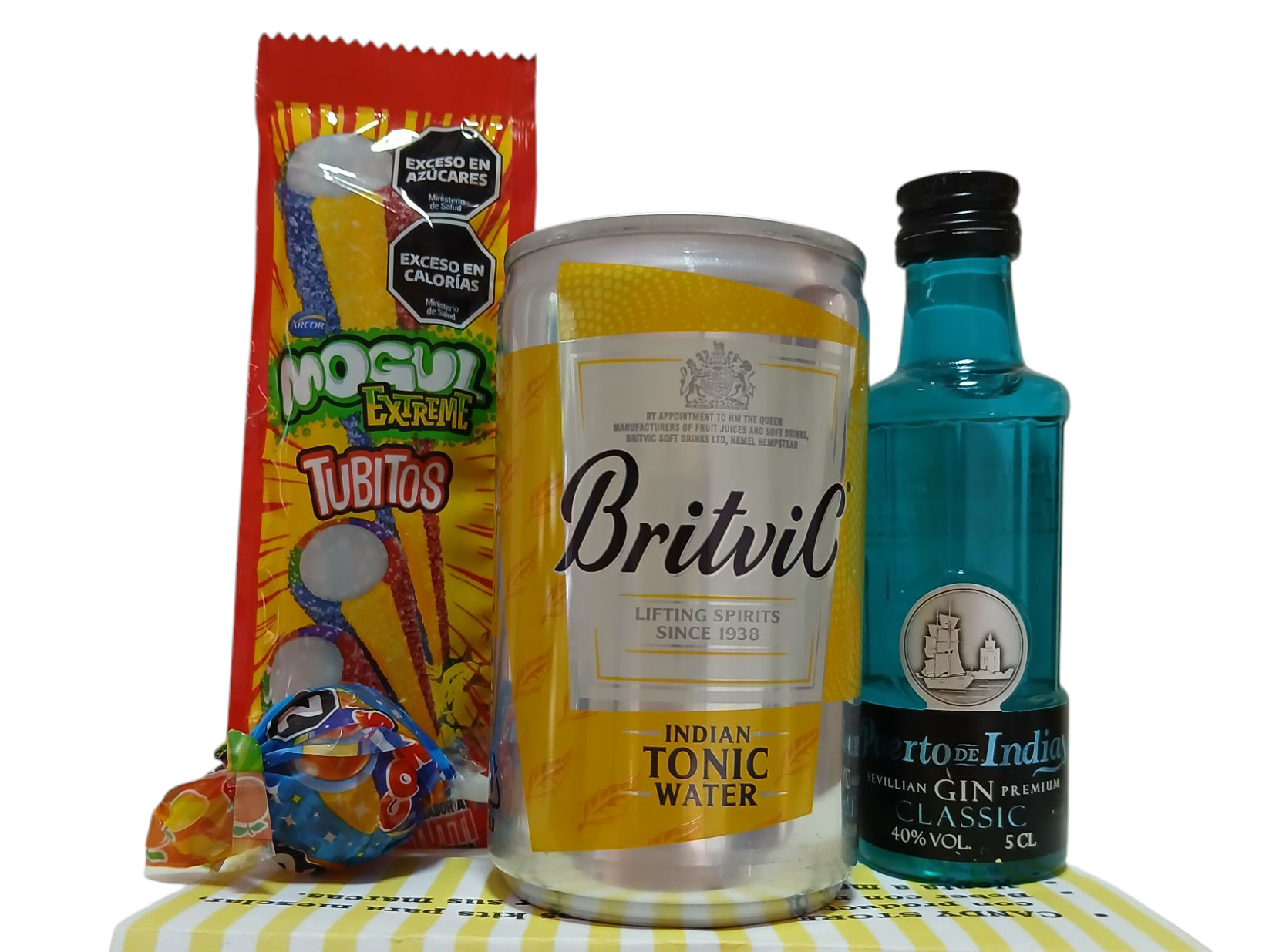 Gin Puerto de Indias +  Indian Tonic Water  +  Golosinas Saborizantes