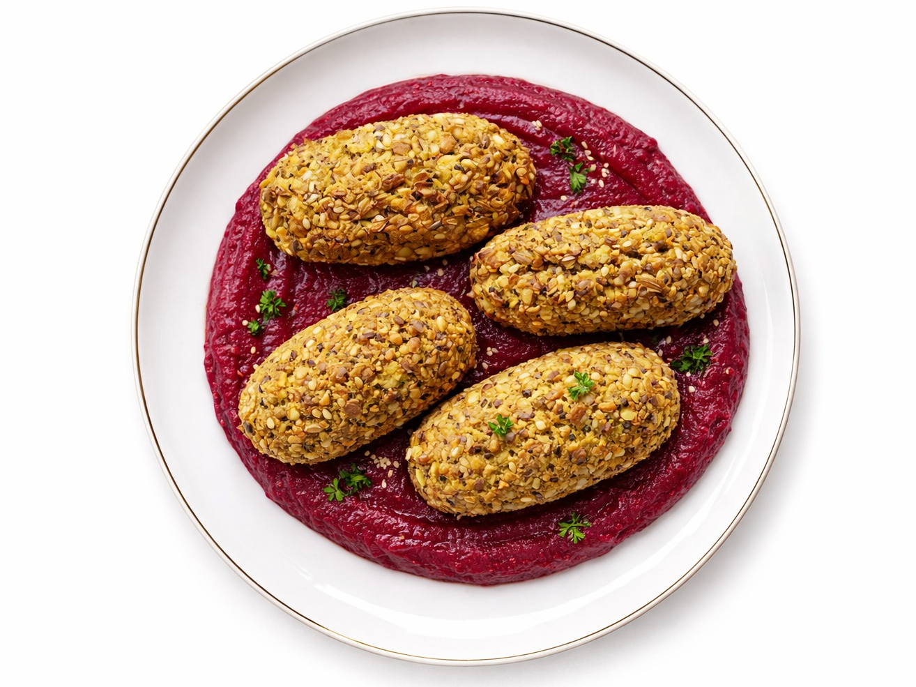 BASTONES DE LENTEJAS, ZANAHORIA Y SEMILLAS CON CREMOSO DE REMOLACHA.