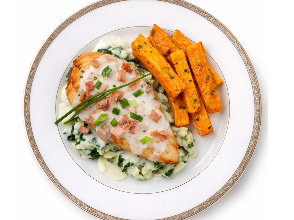 PECHUGA CON CREMA DE VERDEO Y PANCETA CON BASTONES DE CALABAZA. KETO