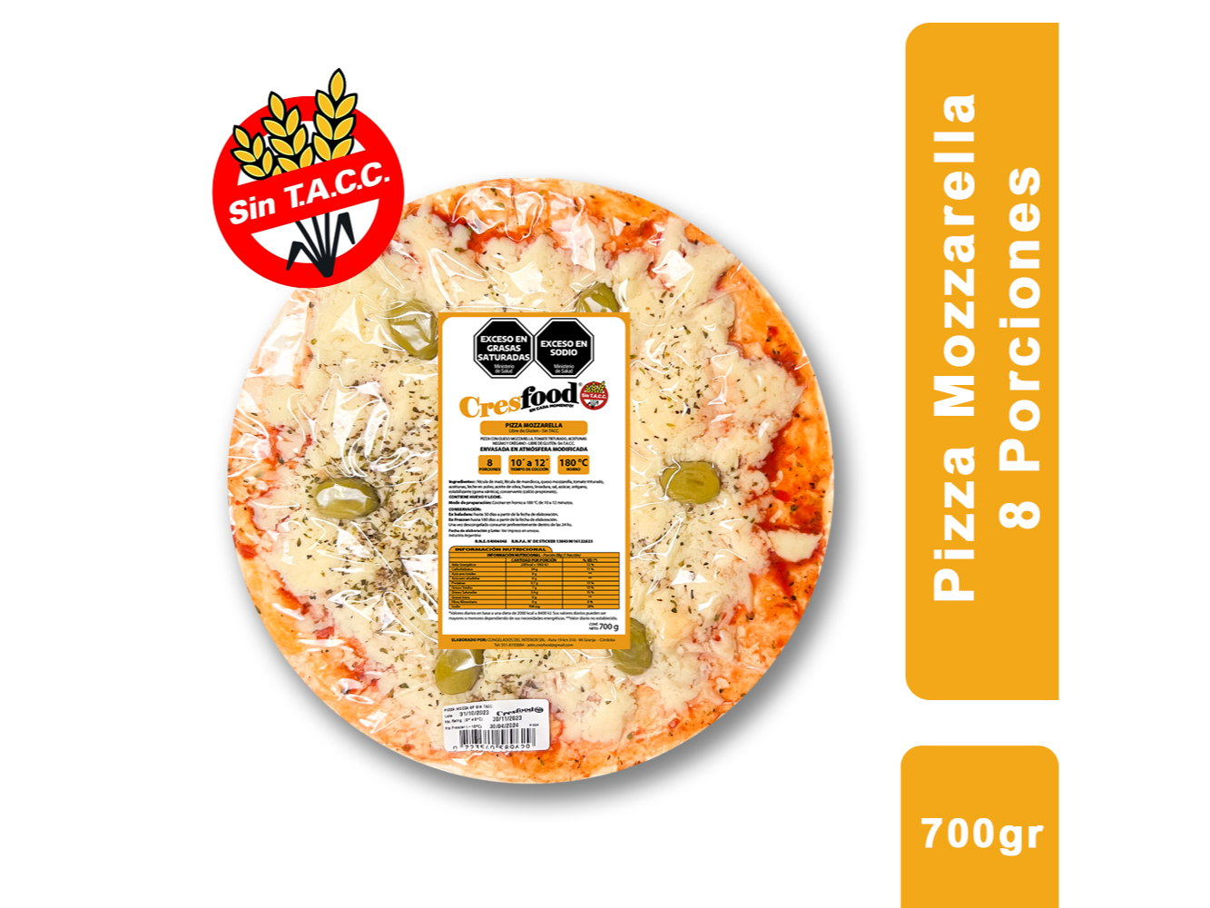 Pizza Mozzarella 8 porciones (700 grs,) x 1 un, - CresFood