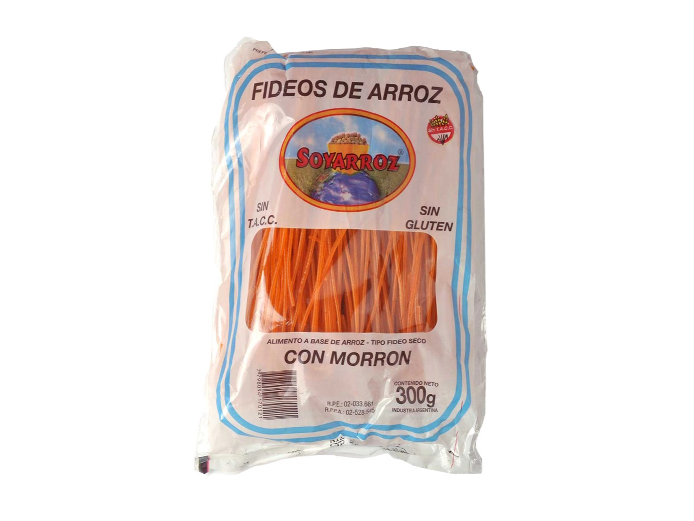 FIDEOS DE ARROZ  CON MORRÓN "SOYARROZ" FINO x 300 g (SIN TACC)