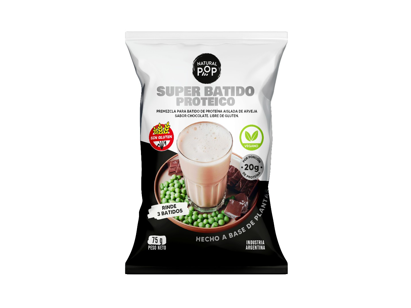PREMEZCLA PARA BATIDO DE PROTEÍNA AISLADA DE ARVEJA "NATURAL POP" SABOR CHOCOLATE x 75 g