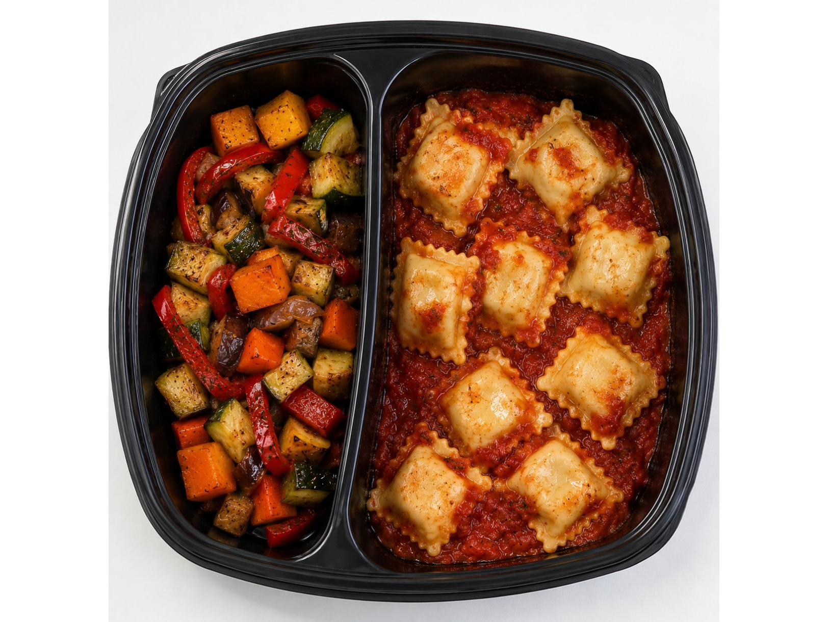 Ravioles de Verdura con Salsa Pomodoro y Verduras Mixtas