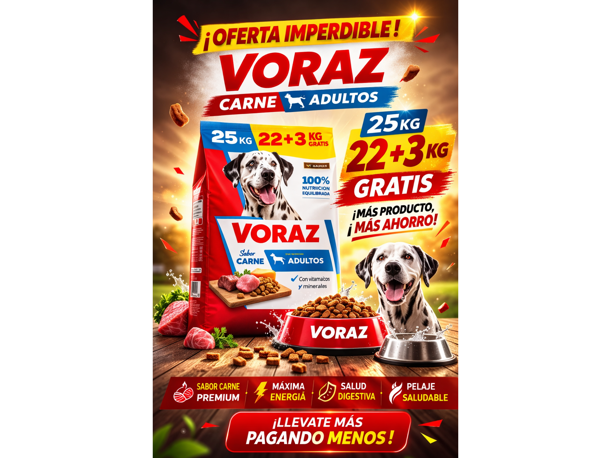Voraz Perro Adulto 22kg+3kg Gratis