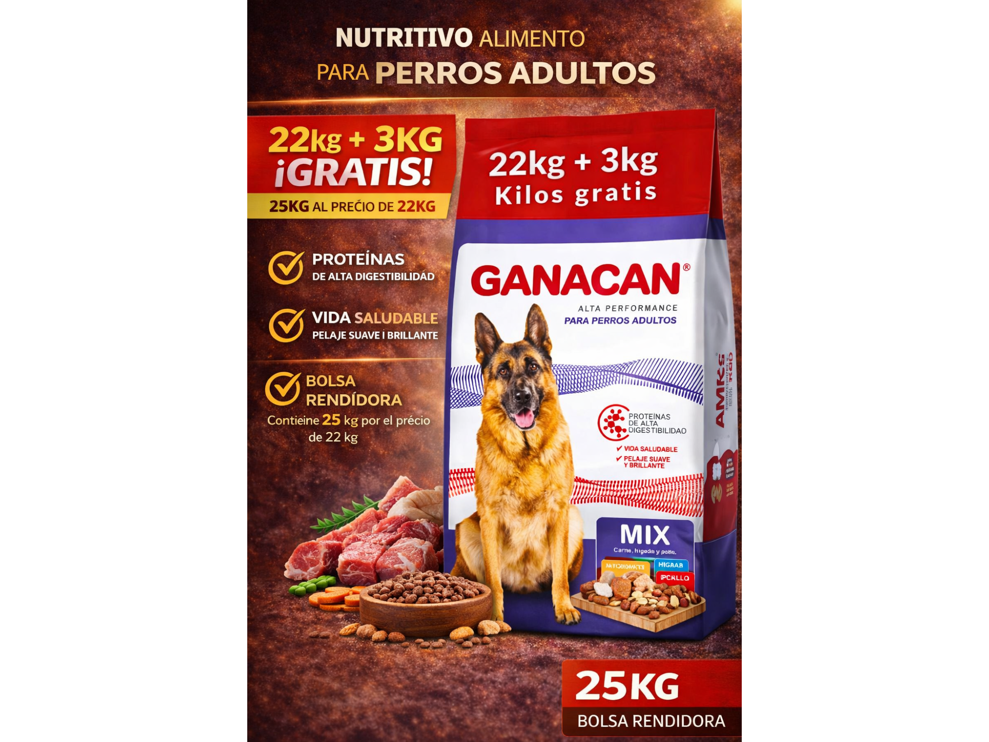 Ganacan Mix Adulto x 22kg + 3kg Gratis