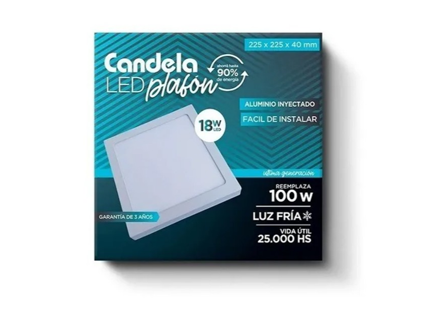 LUZ LED PLAFON CUADRADO FRIA 18W CANDELA 20DPX1UN