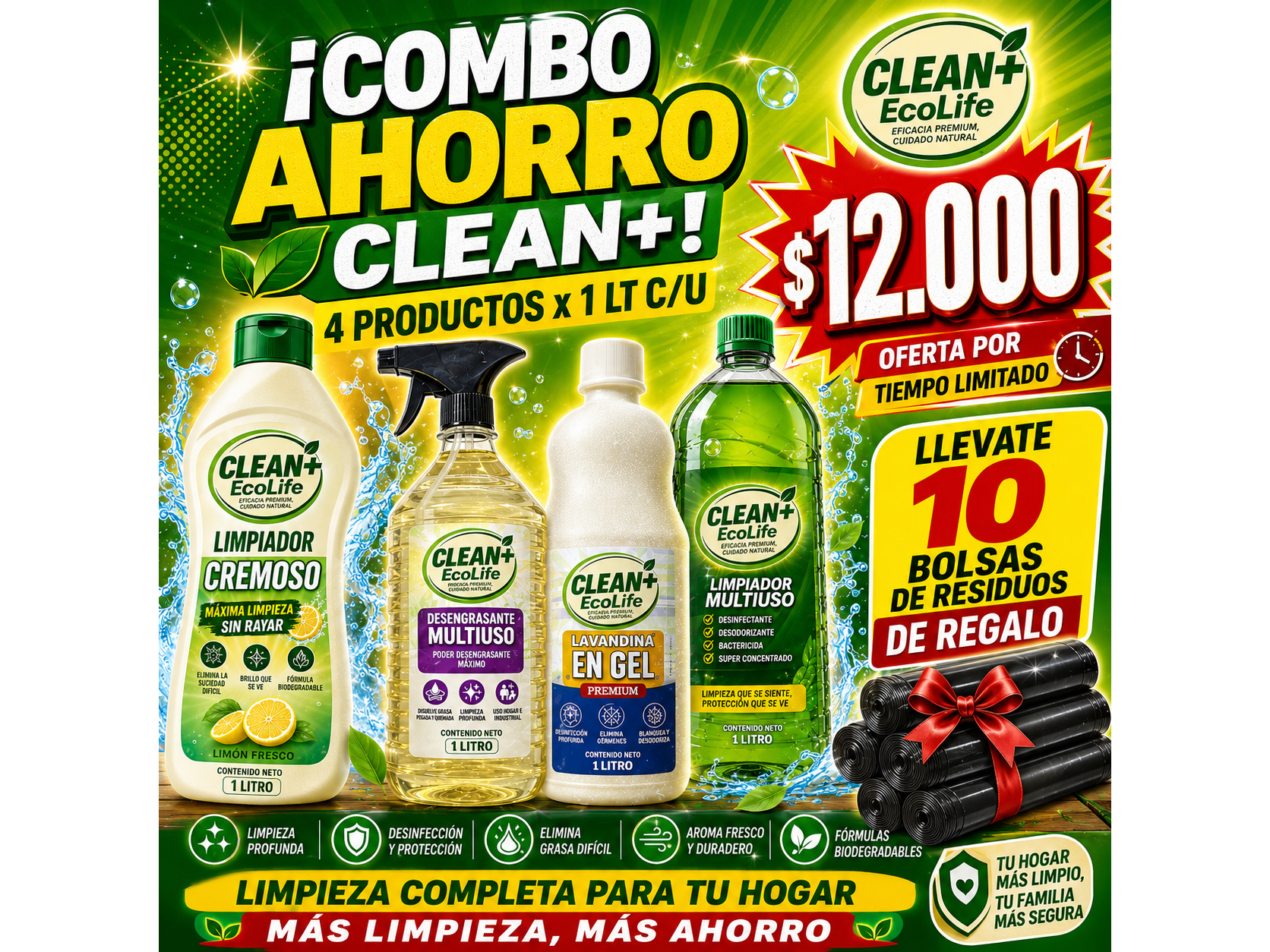 Limpiador cremoso 1lt + Desengrasante multiuso 1 lt + Lavandina en gel 1 lt + Limpiador multiuso 1 lt + 10 bolsas de residuos de regalo