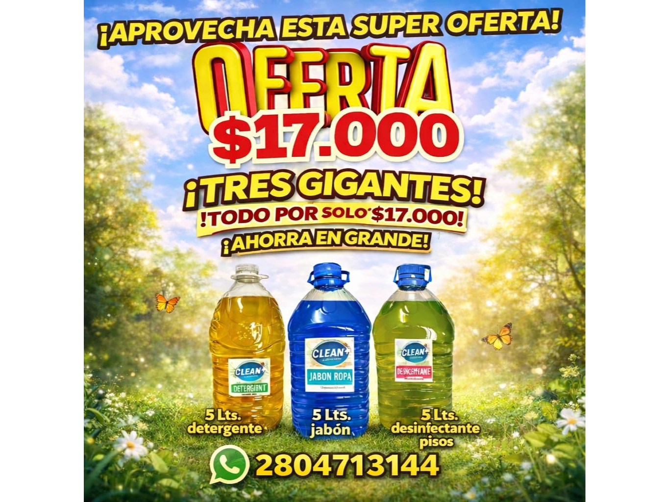 5 lts de detergente + 5 lts. de jabon para ropa + 5 lts. de desodorante para pisos y de regalo  10 unidades de bolsas de residuos 45x60