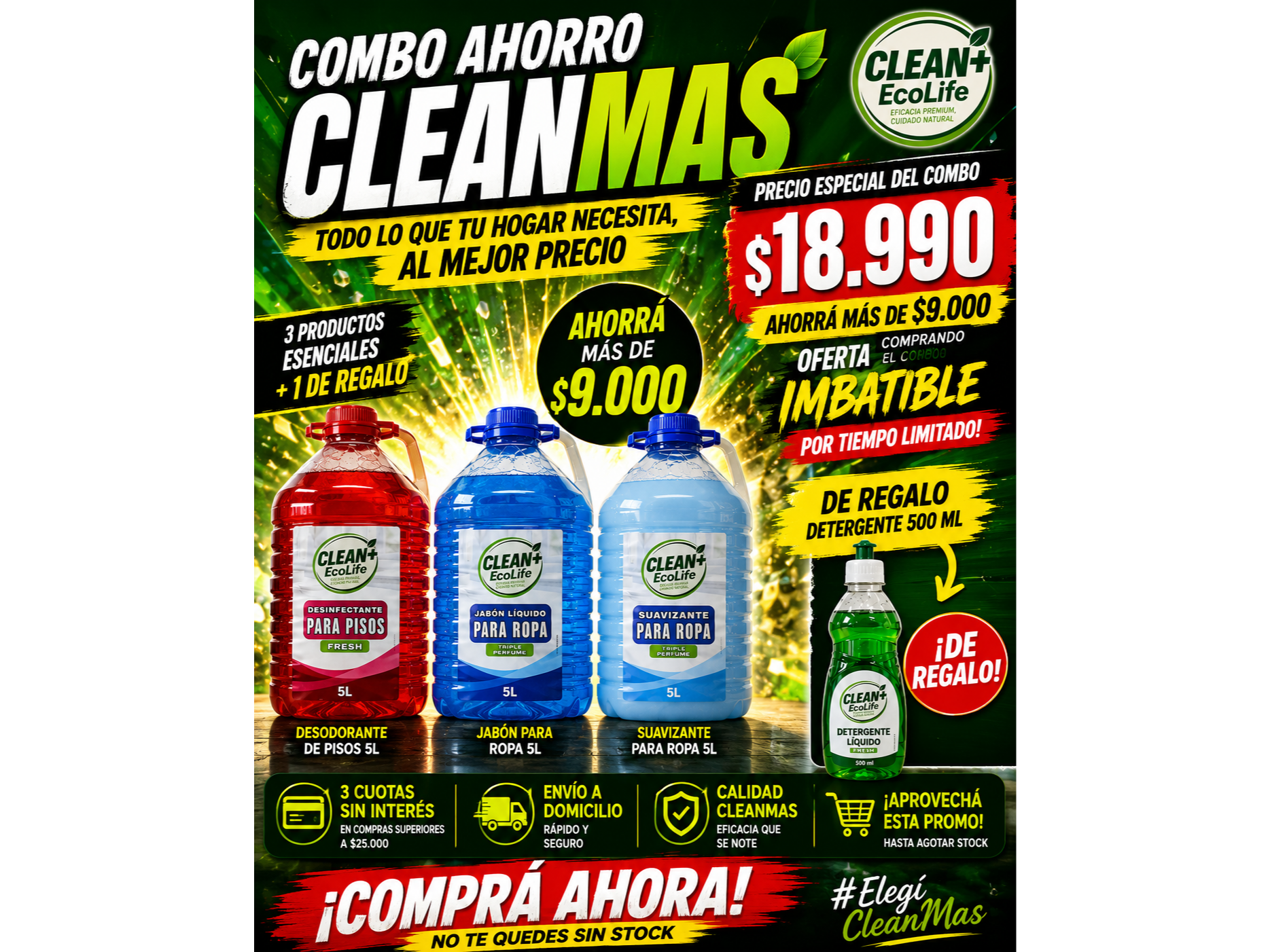 Jabon ropa x 5 lts. + Suavizante ropa x 5 lts. + Desodorante pisos x 5 lts. - de regalo detergente x 500 ml.