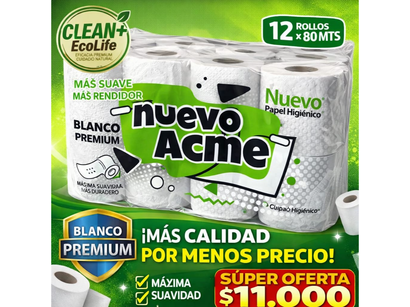 Papel higienico pack 12 rollos x 80 mts.